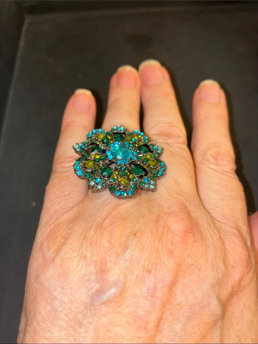 Floral Teal & Green Crystal Cocktail Stretch Ring